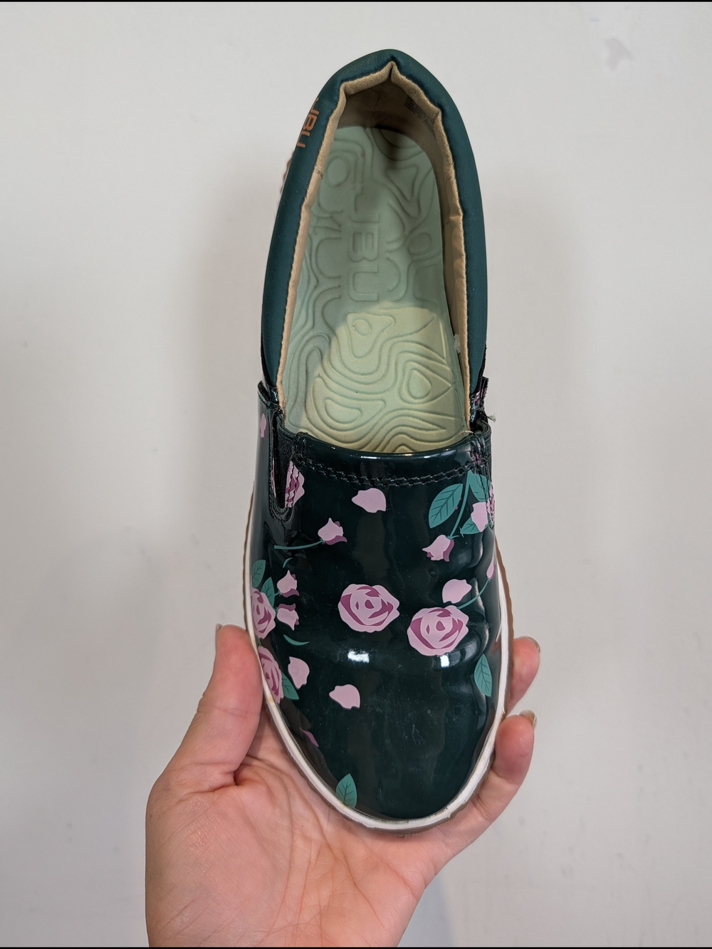 JBU Slip-On Floral Vinyl Sneaker - Dark Green with Pink Roses, Size 7.5